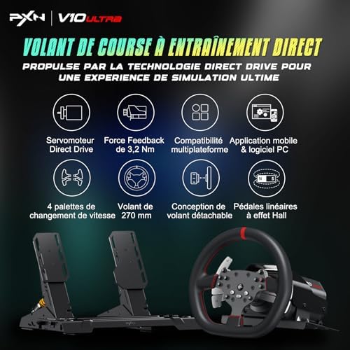 PXN V10 Ultra Volant de Course Direct Drive - Volant de Jeu Haute Fiabilité pour Simulateurs de Voiture - Poignées en Cu